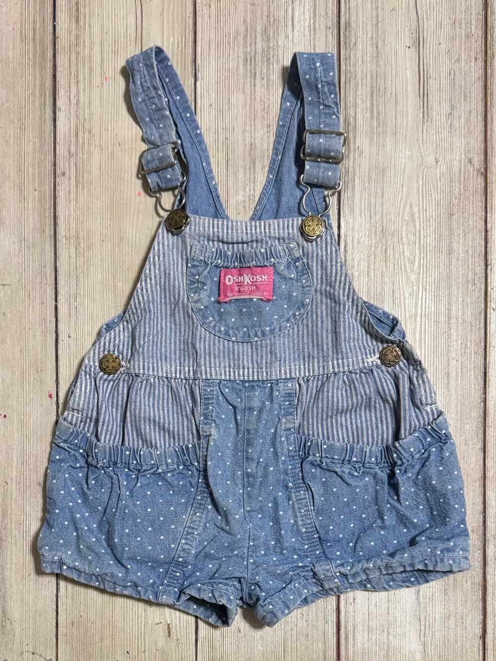 Vintage OshKosh USA chambray striped polka dot shortalls overalls 3t girls 18”